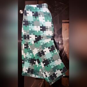 Just Cozy - faux fur-lined leggings, Green Puzzle Pieces, Med-Large in size